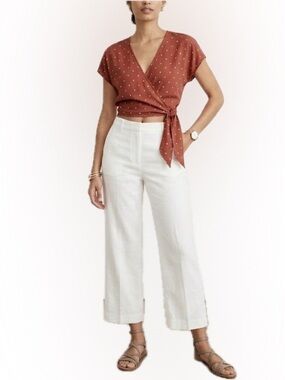 MADEWELL Polka Dot Wrap Top Medium Brick Red Sash Tie V-Neck Blouse EUC